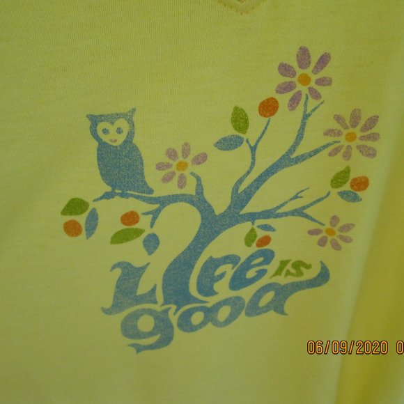 Women's Life is Good Happy Owl Tree Yellow Tee S - Picture 2 of 4
